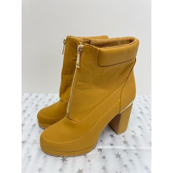 DKNY Booties Size 7.5 Mustard Block Heel Lug Sole Front Zip Boots - Picture 3 of 11